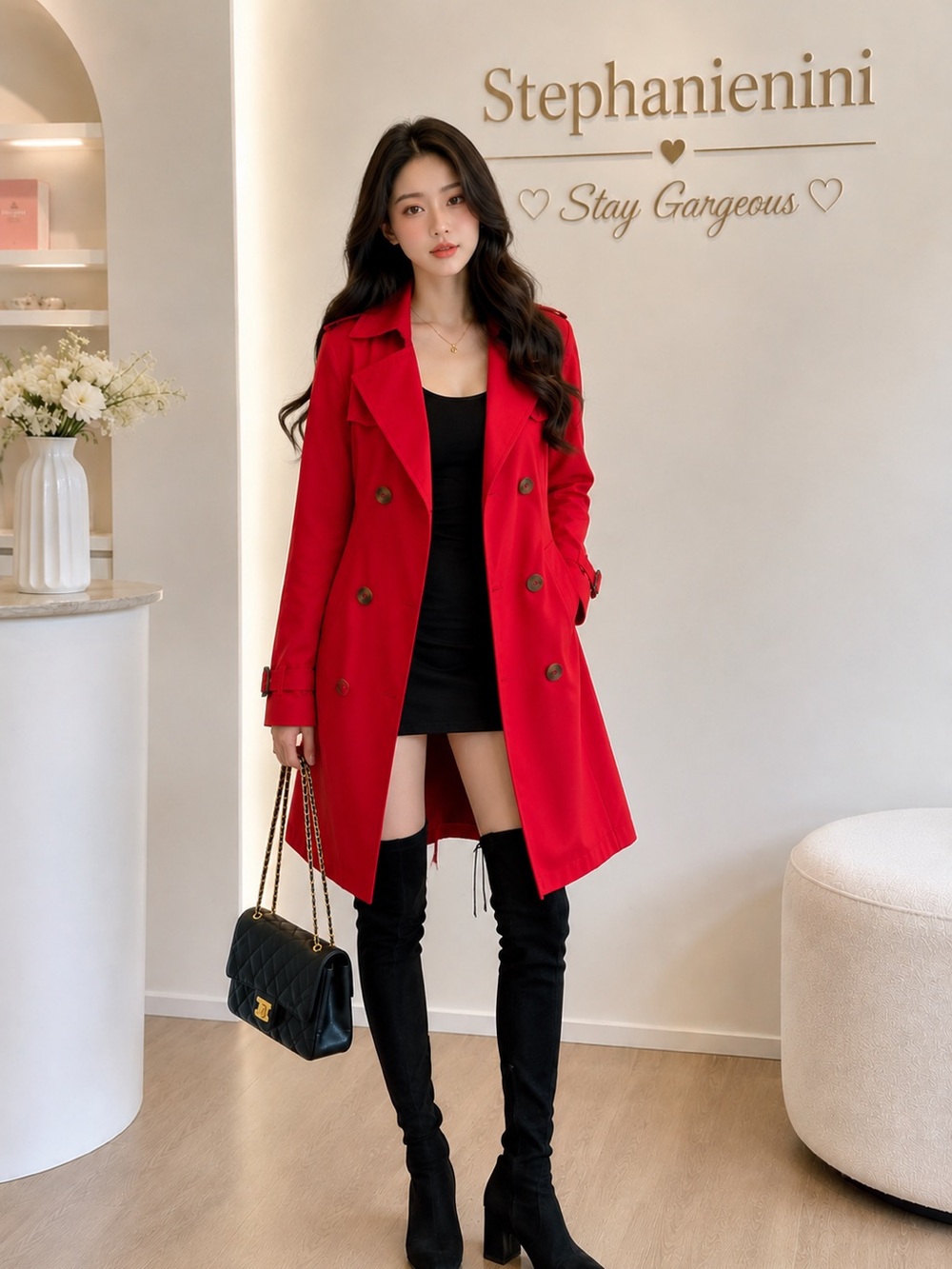 H&M Red Double-Breasted Belted Trench Coat